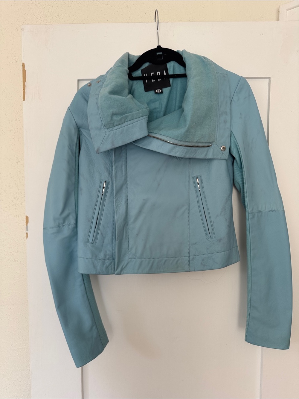 Veda Pastel Blue Leather Moto Jacket